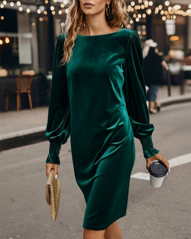 Puff Sleeve Boat Neck Velvet Dress