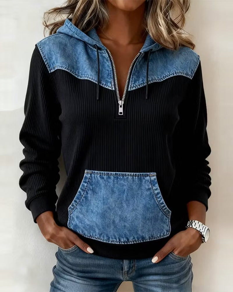 Zipper Denim Patchwork Hoodie