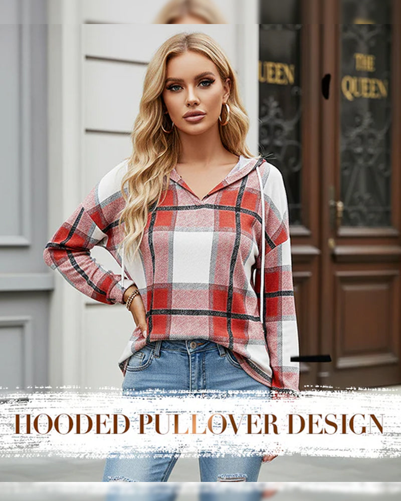 Women's Plaid V-Neck Hooded Long Sleeve Drawstring Sweater