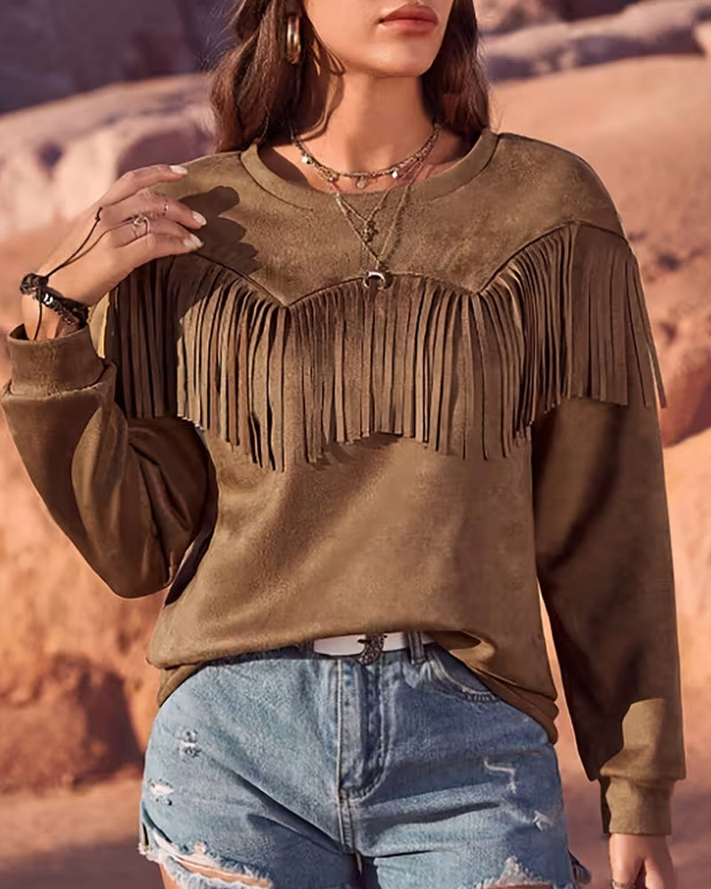 Long-Sleeved Solid Color Crew Neck Top