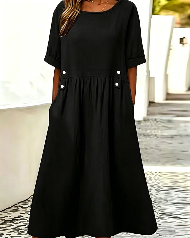 Crew Neck Short Sleeve Solid Color Dress