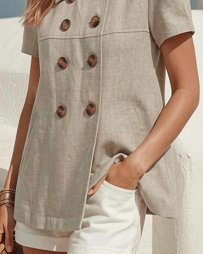Button-Front Lapel Bubble Short Sleeve Blouse