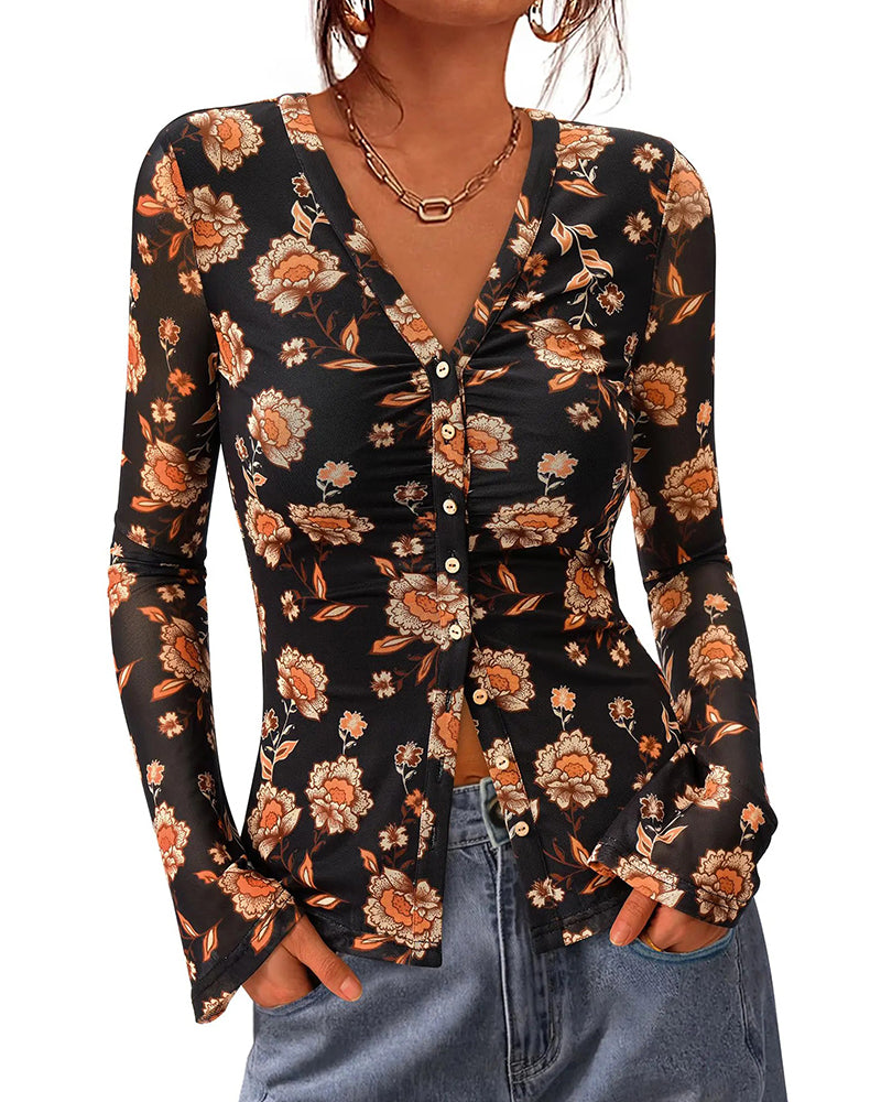 V-Neck Button Slit Fitted Top
