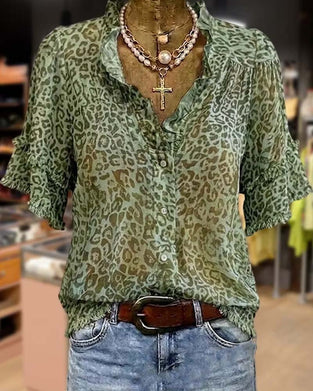 Green-Toned Leopard Print Ruffle Blouse