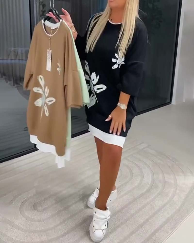 Crew Neck Printed Patchwork Sweatshirt Dress