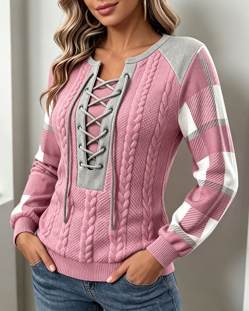 Round Neck Strappy Plaid Print Sweatshirt