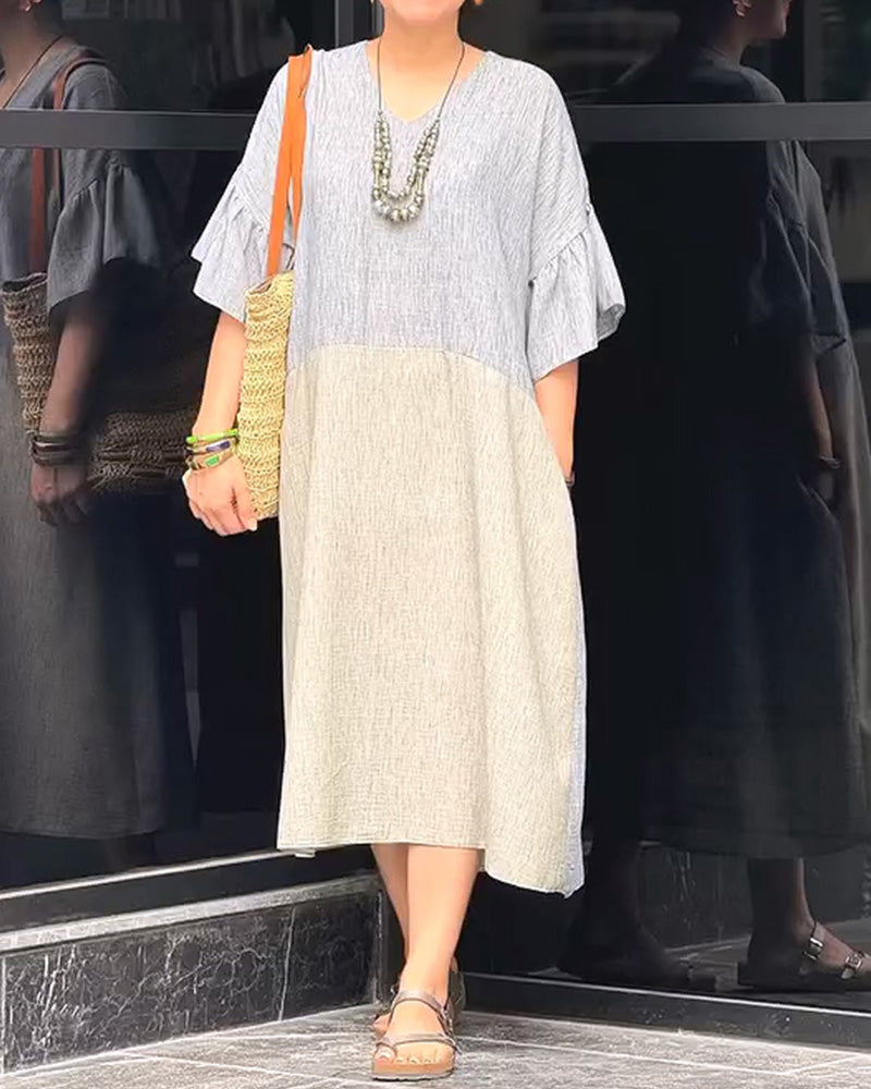 V-Neck Ruffle Sleeve Loose Dress