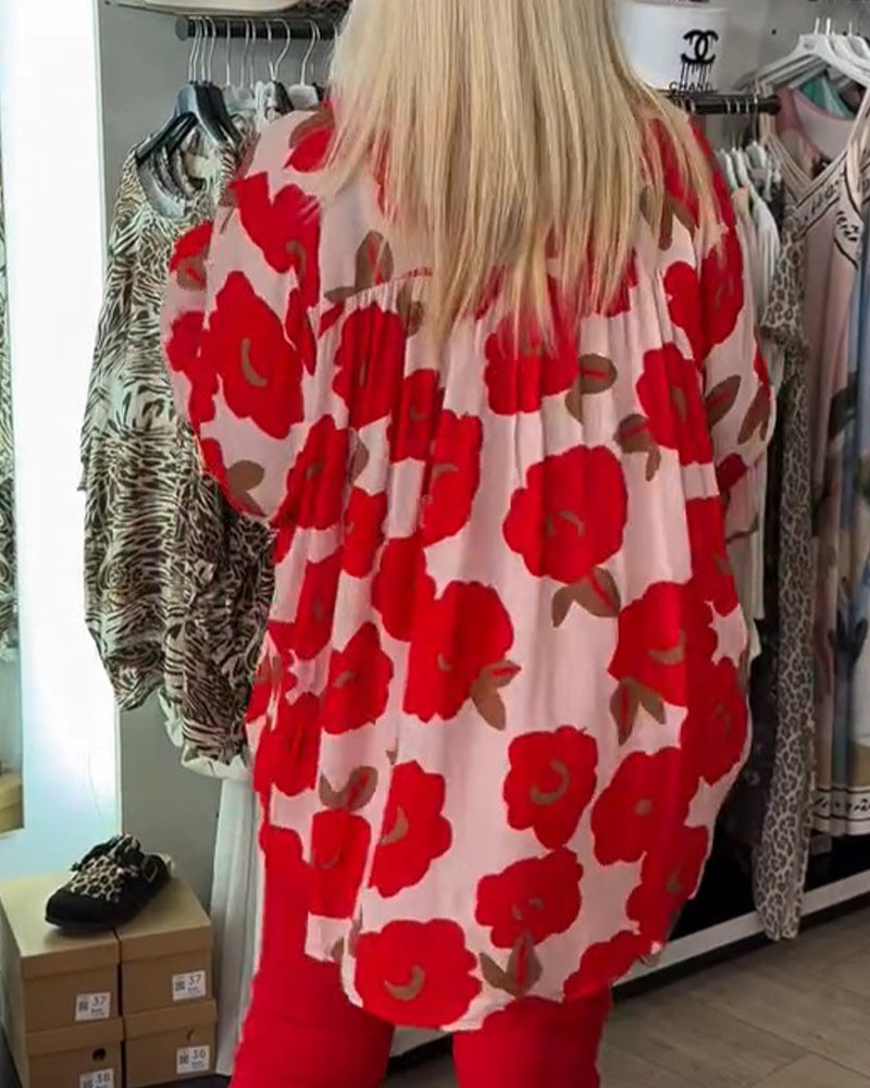 Big Floral Tie V-Neck Blouse