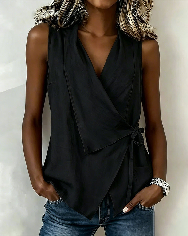 Crisscross Tie Cotton Linen Solid Tank Top