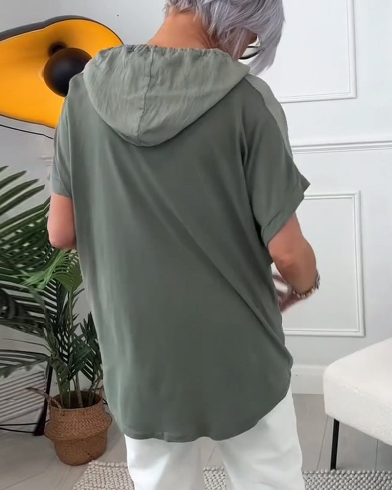 Casual floral print hooded short-sleeve blouse