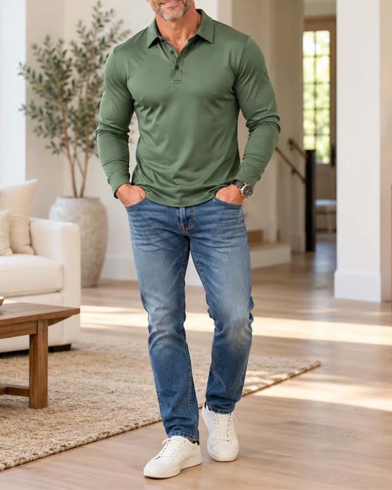 Men's Long-Sleeve Collared Button-Placket Polo Shirt