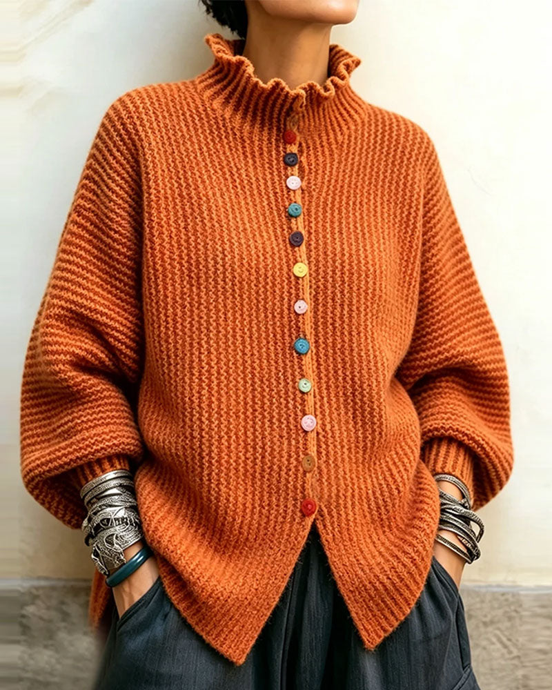 Color Button Ruffle Trim Knit Pullover