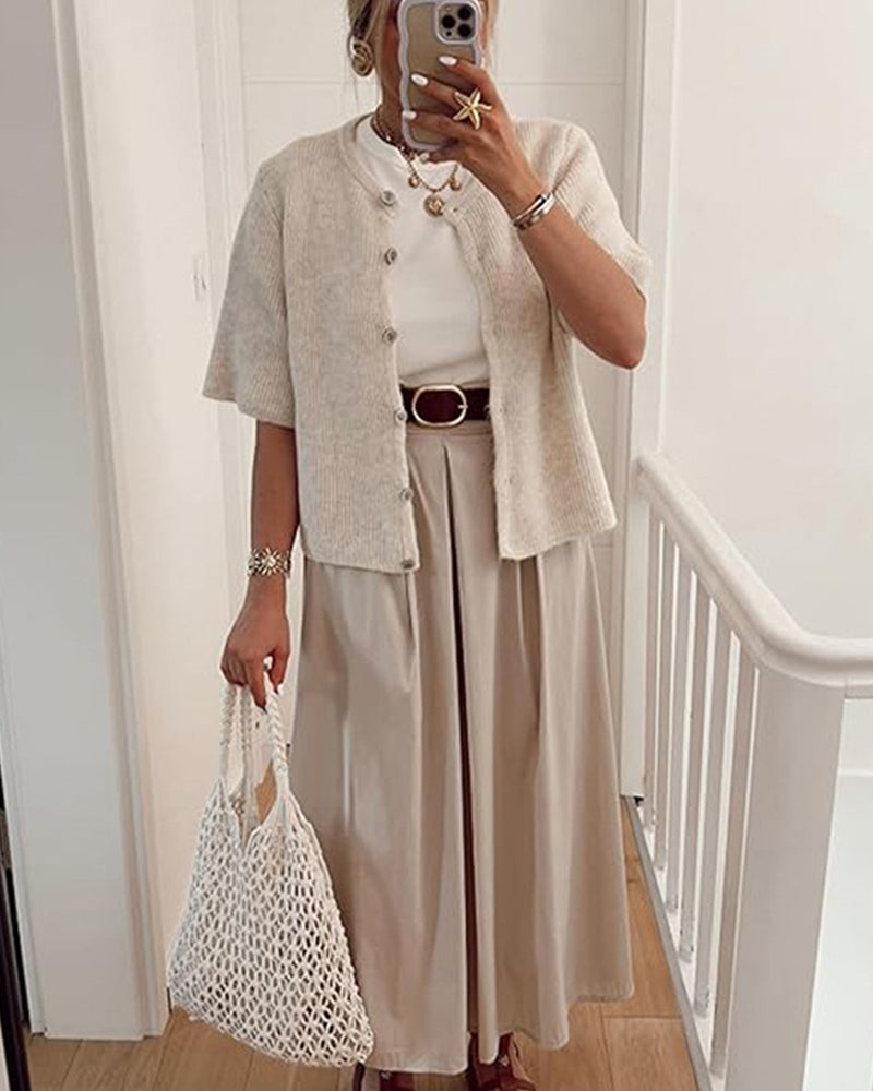 Solid Color Button-Front Short Sleeve Sweater Cardigan