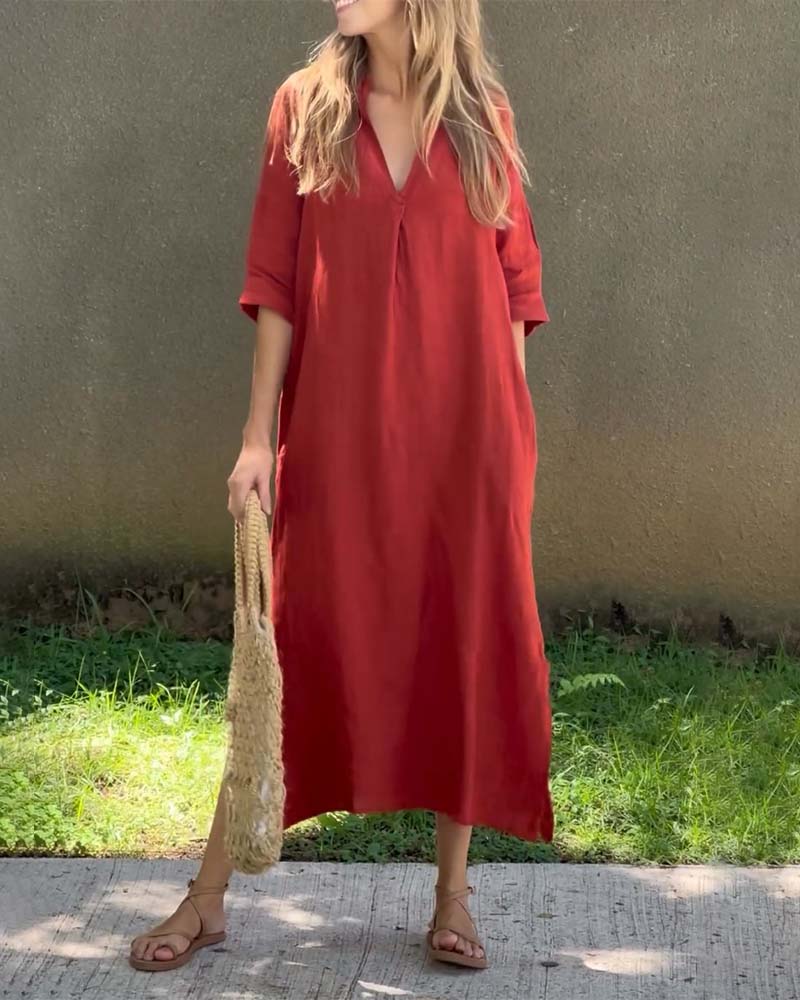 V-neck solid color pocket comfort dress