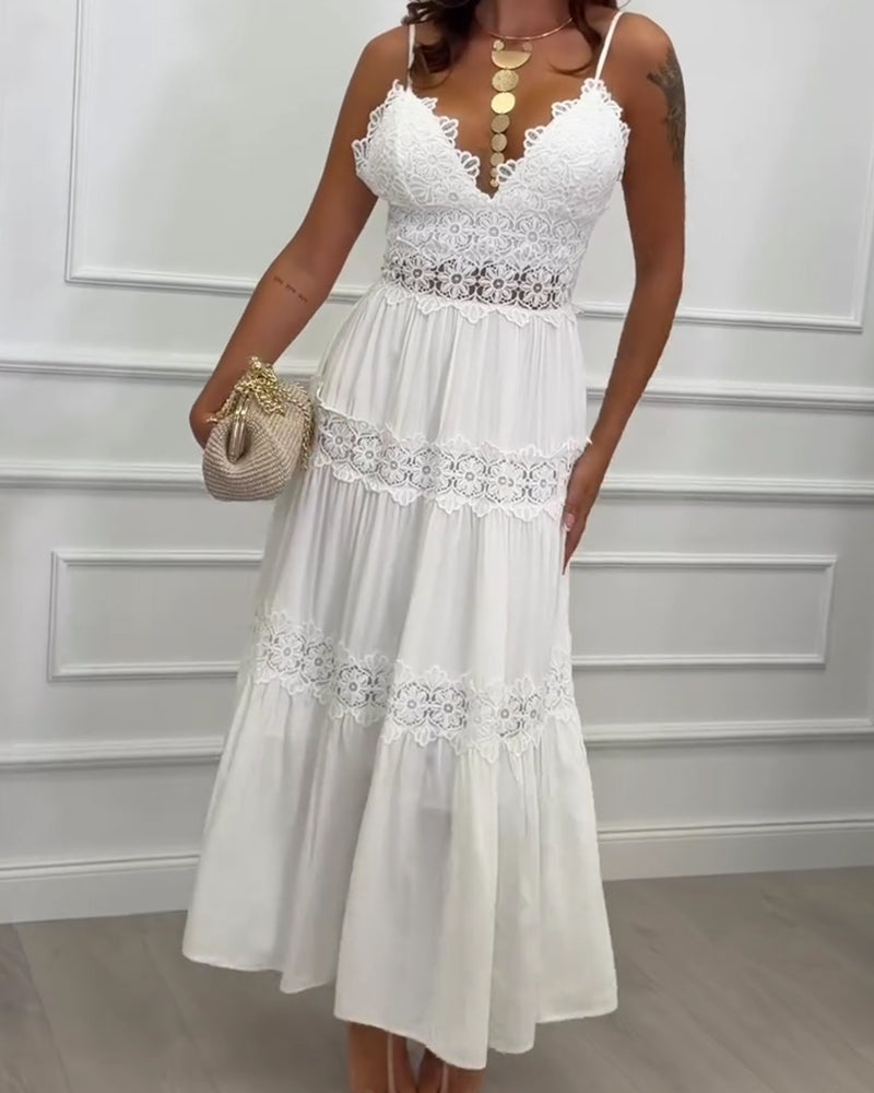 Lace Patchwork Spaghetti Strap V-Neck Dress