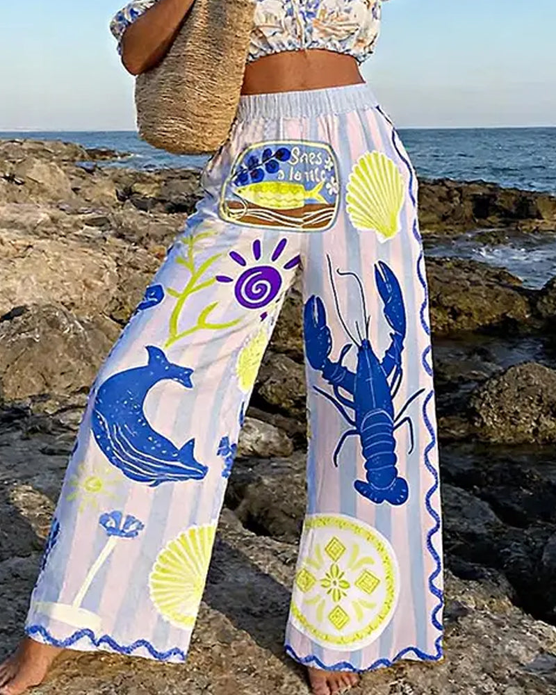 Ocean Print Wide-Leg Pants