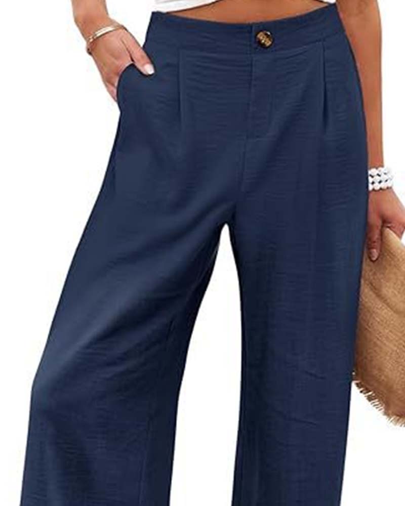 Button Elastic Waist Wide-Leg Pants