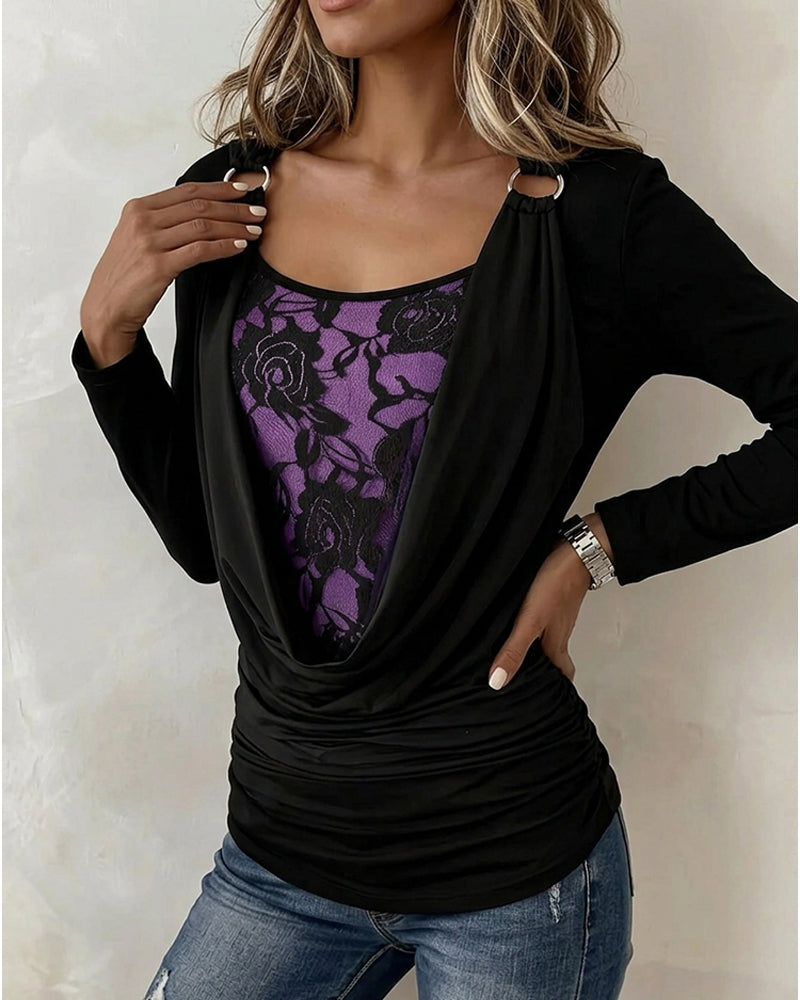 Mock Neck Metal Ring Floral Mock Two-Piece Top