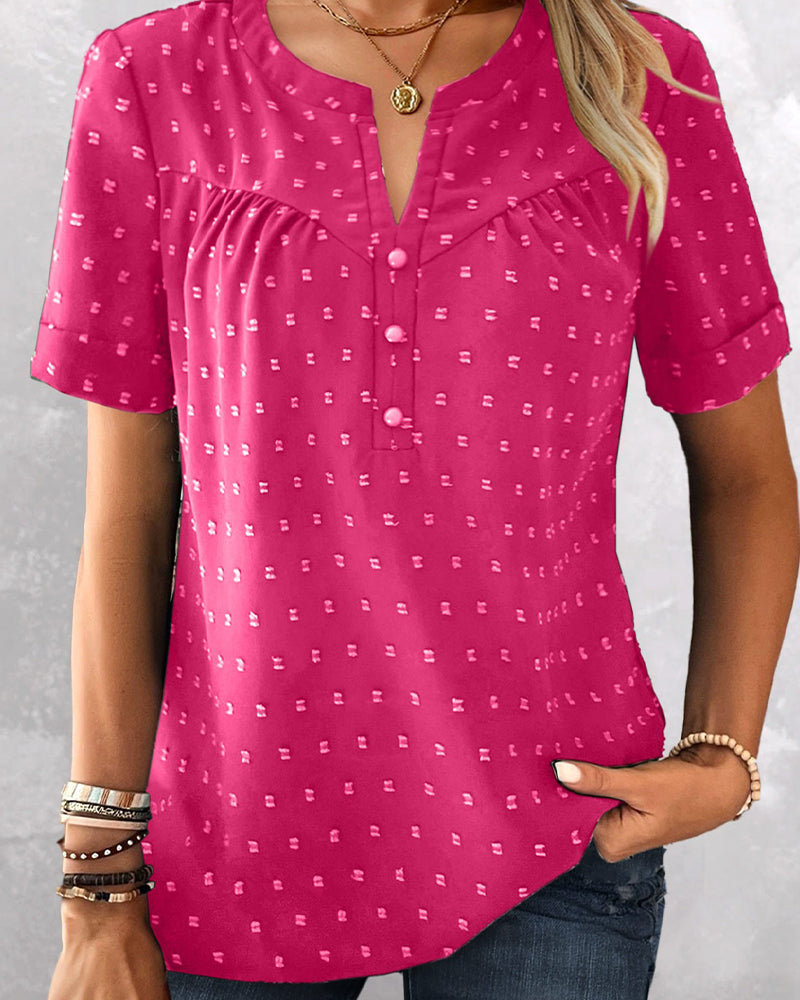 Jacquard V-Neck Half-Placket Short Sleeve Blouse