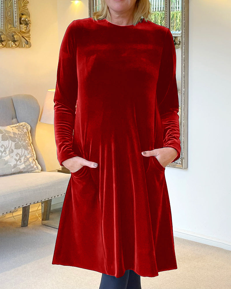 Pocket Velvet Round Neck Dress