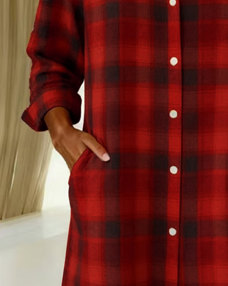 Lapel Plaid Button-Down Shirt Dress