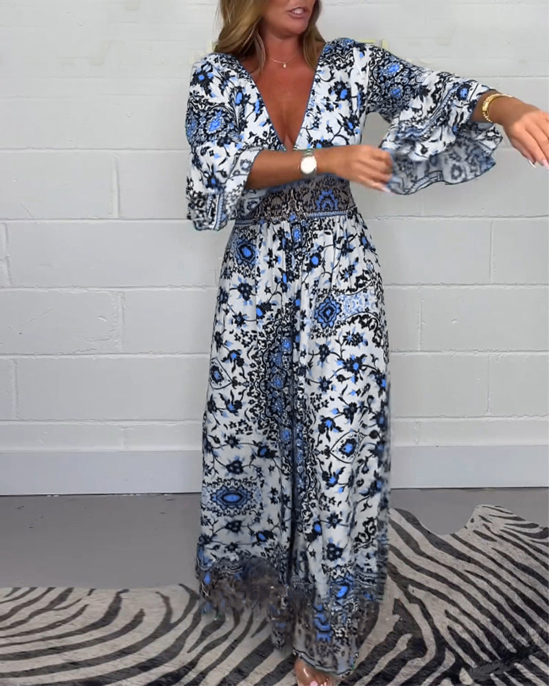 Printed deep V-neck jumpsuit