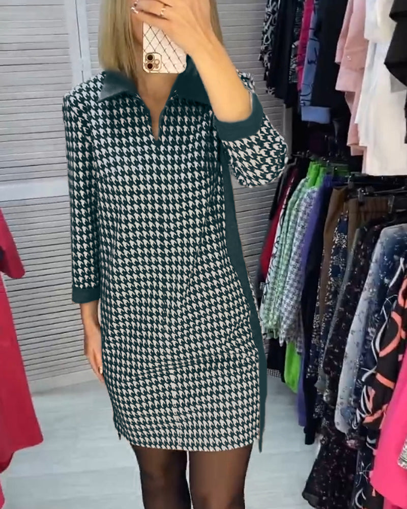 Lapel Pocket Plaid Long Sleeve Dress