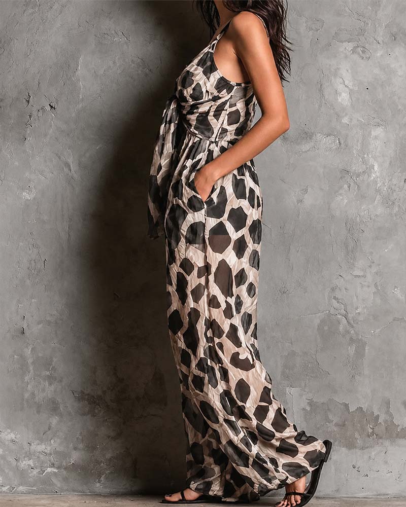 Leopard Print Suspender Wide Leg Jumpsuit