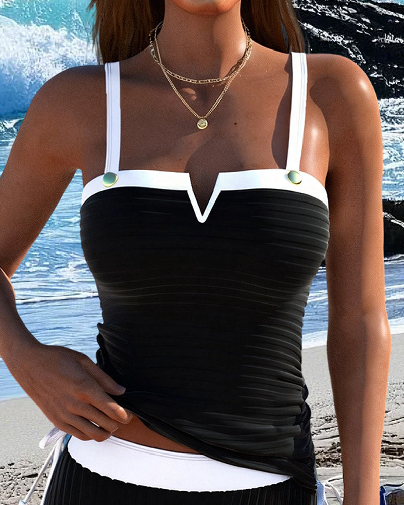 Contrast Color V-Neck Split Boxer Tankini