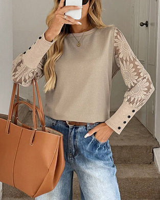Lace Crochet Splicing Long Sleeve Top