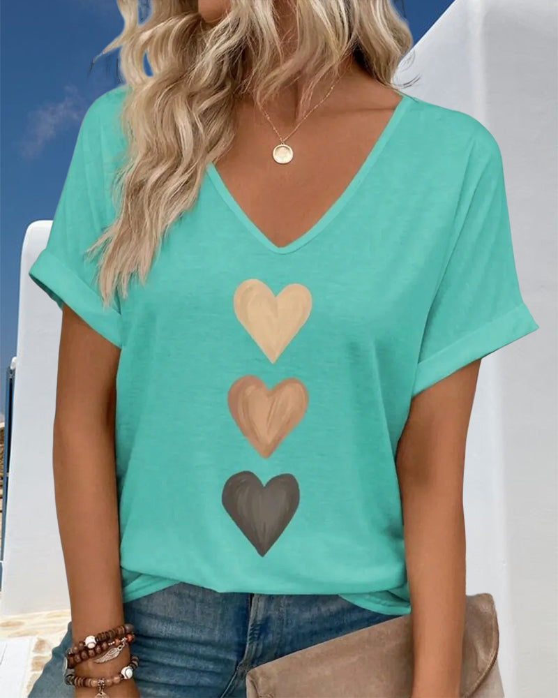 V-Neck Heart Print T-Shirt