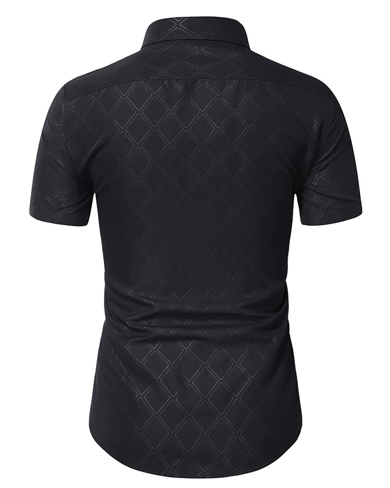 Dark Diamond Pattern Slim-Fit Short-Sleeved Shirt