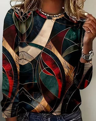 Round Neck Casual Printed Long-Sleeved Top
