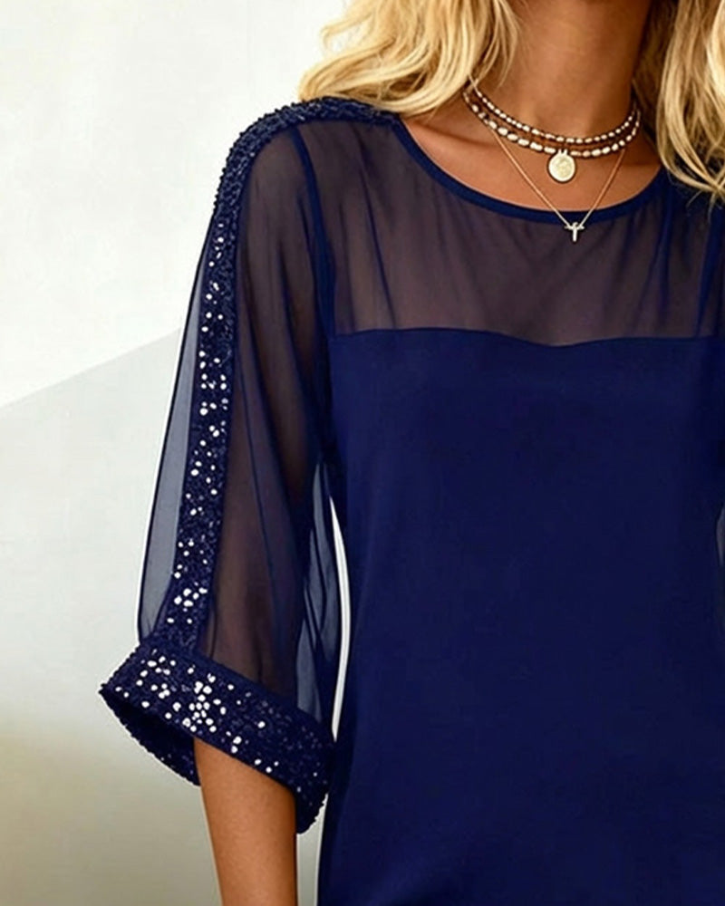 Sequin Paneled Mesh Crew Neck Dress