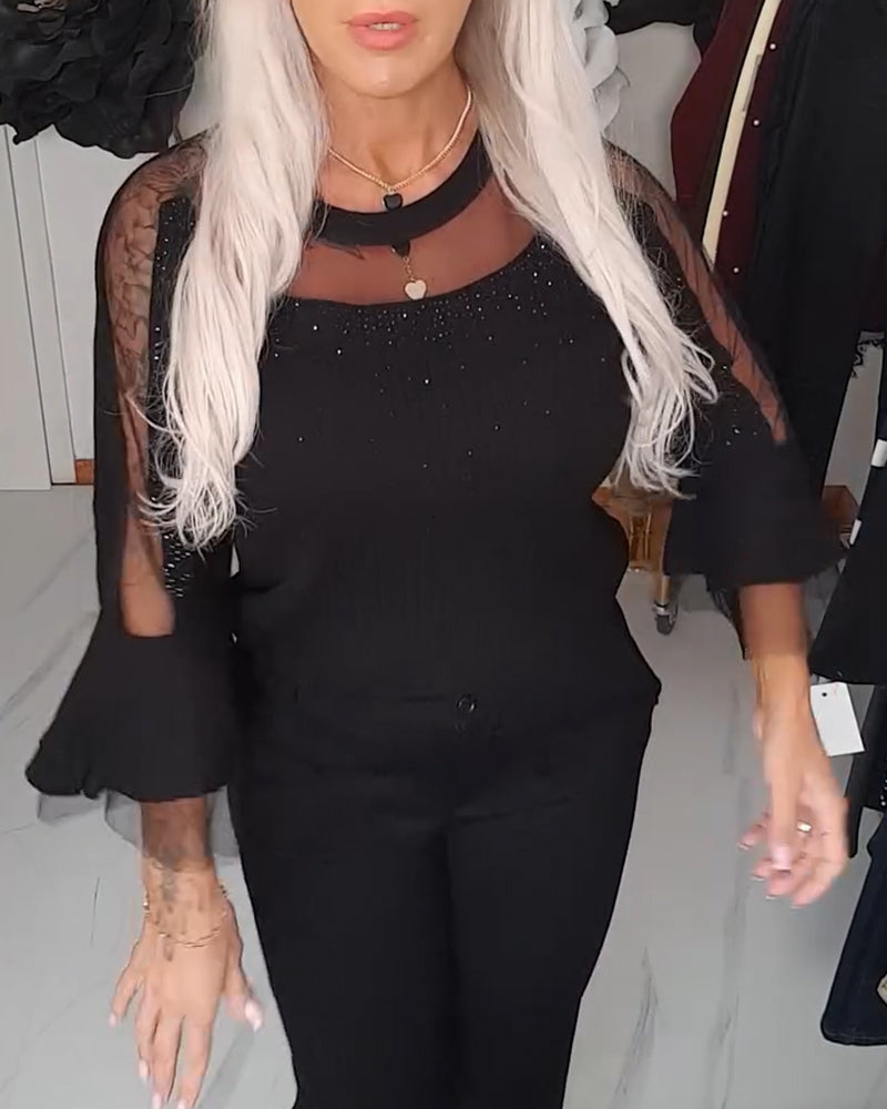 Bell-Sleeved Mesh-Paneled Top