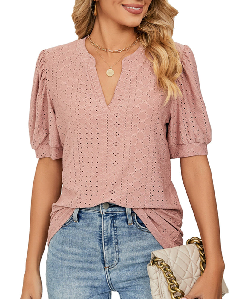 V-Neck Solid Color Hollow-Out Puff Sleeve Blouses