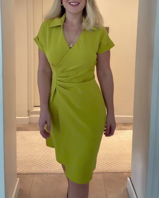 Lapel Solid Color Pleated Waist Dress