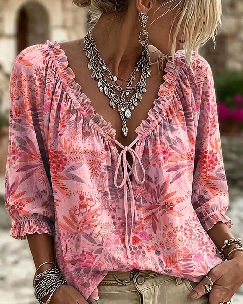 V-Neck Lace Up Blouse