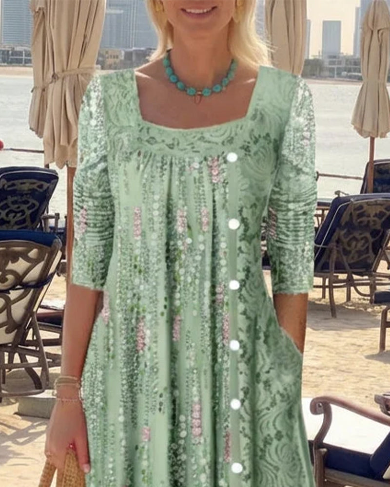 Square-Neck Printed Front-Button Dress