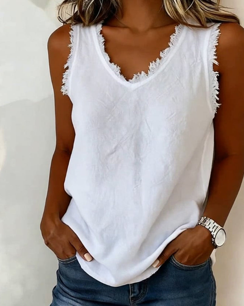 Raw-Edge V-Neck Sleeveless Tank Top
