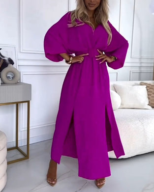 Elegant solid color V-neck slit long sleeve dress