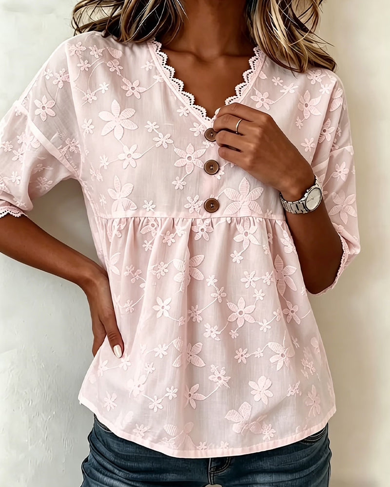Three-Dimensional Flower V-Neck Half Sleeve Blouse