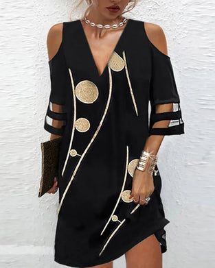 V-Neck Off-Shoulder Lace-Panel Dress