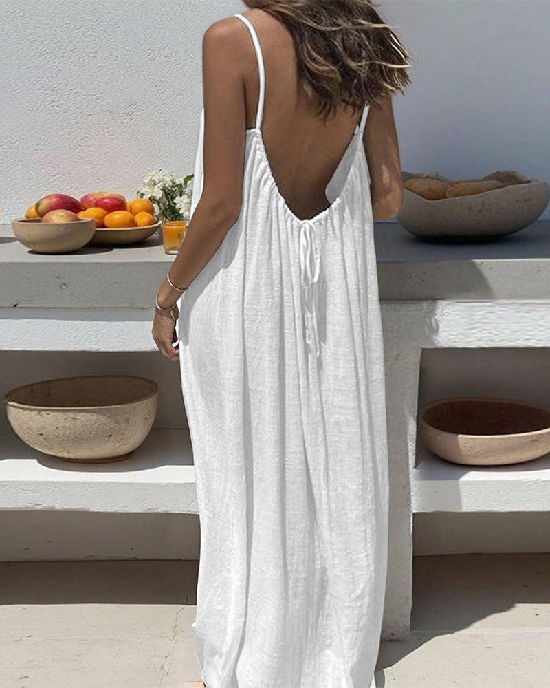 Solid Color Shirred Backless Spaghetti Strap Maxi Dress