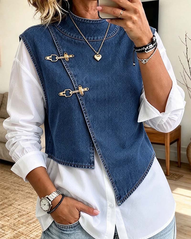 Slant-Button Stand-Collar Vest Shirt Set