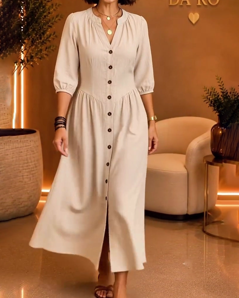 V-Neck Button Ruched Elbow-Length Sleeve Dress