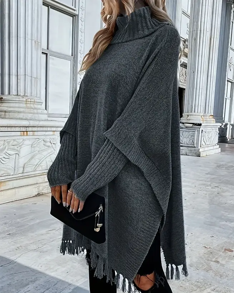 Turtleneck Batwing Sleeve Tassel Sweater