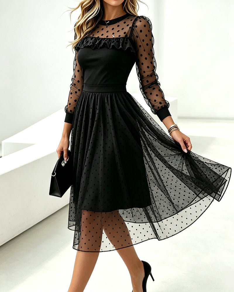 Round Neck Polka Dot Lace Paneled Dress