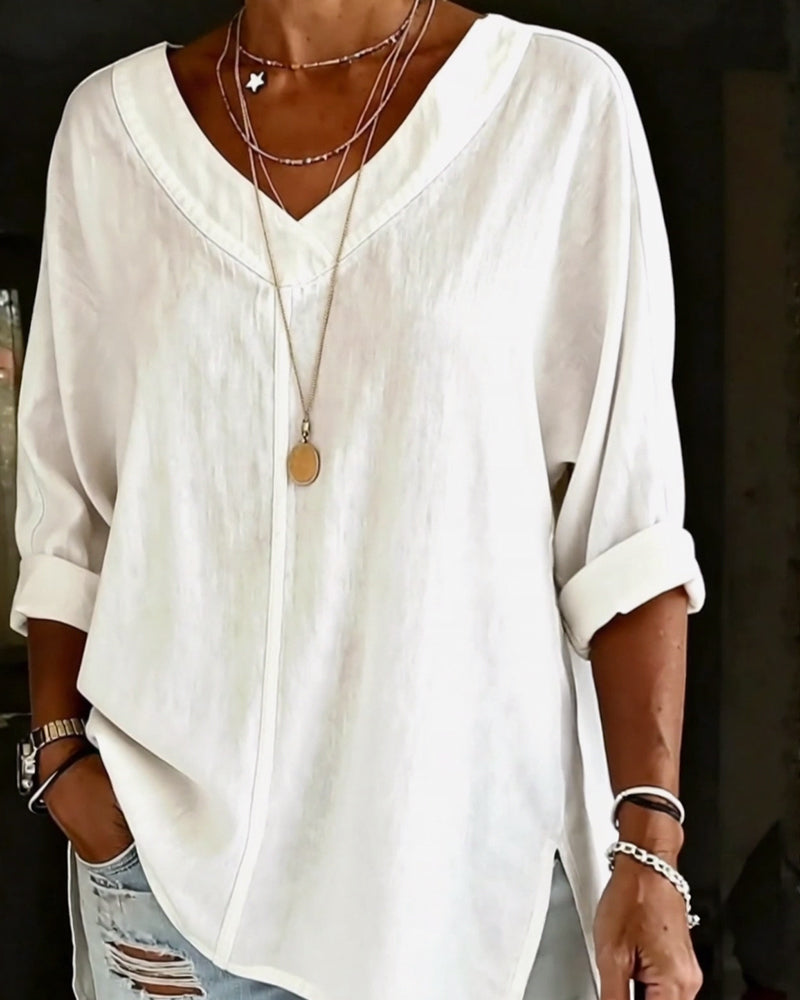 100% Cotton V-Neck Three-Quarter Sleeve Slit Top