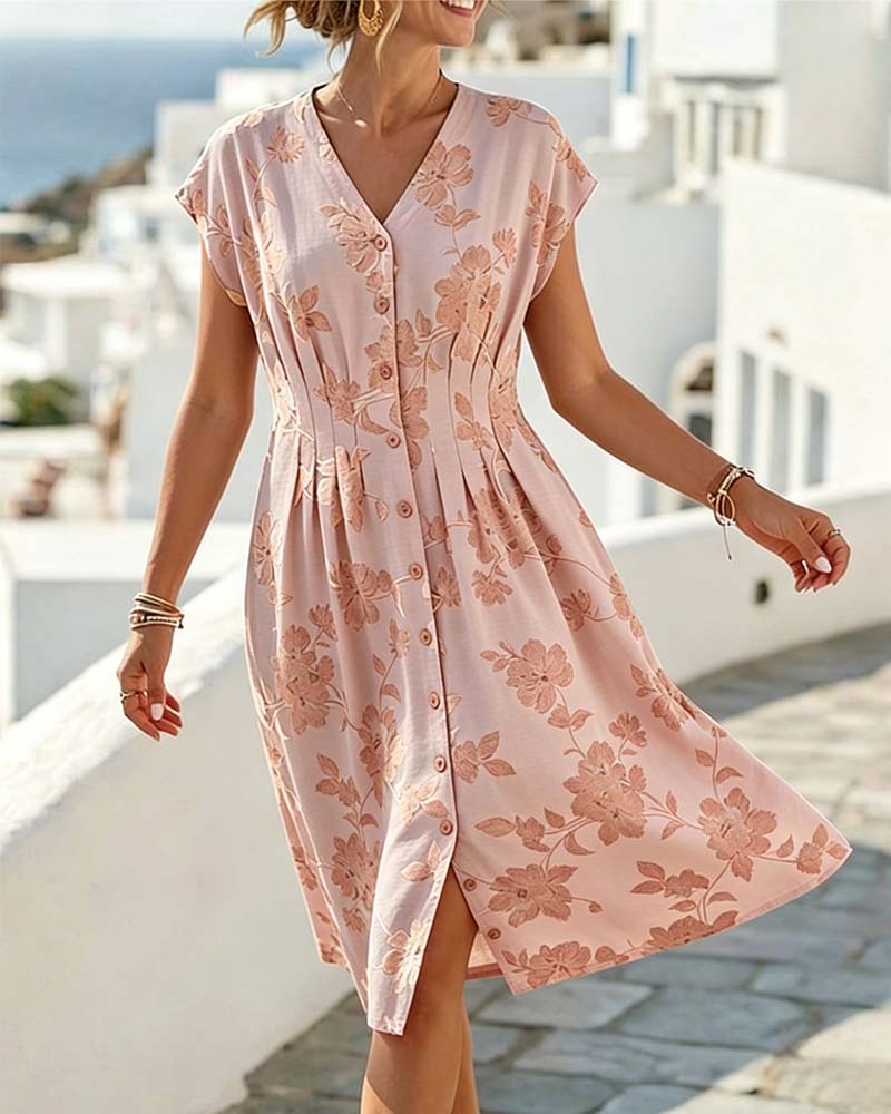 V-Neck Print Cinched Waist Button-Front Dress